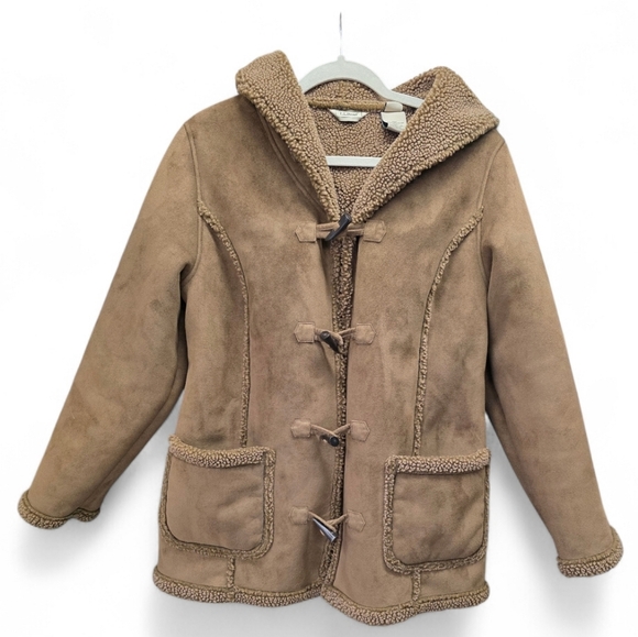 L.L. Bean Jackets & Blazers - L.L. Bean Women's Hooded Faux Suede Sherpa Toggle Med Petite Tan Winter Jacket